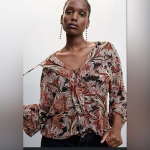 Mango ruffle bow blouse. Sheer lace up front. Floral. Bishop sleeve plus sz 4XL